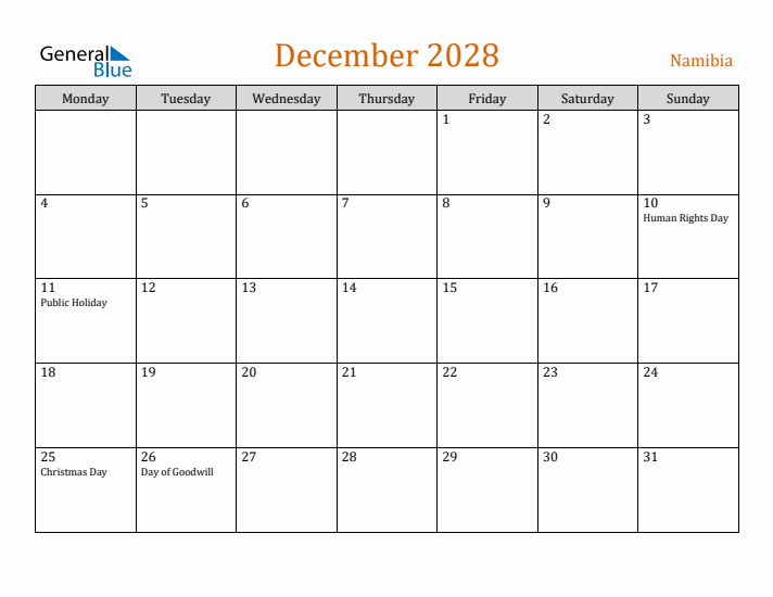 December 2028 Holiday Calendar with Monday Start