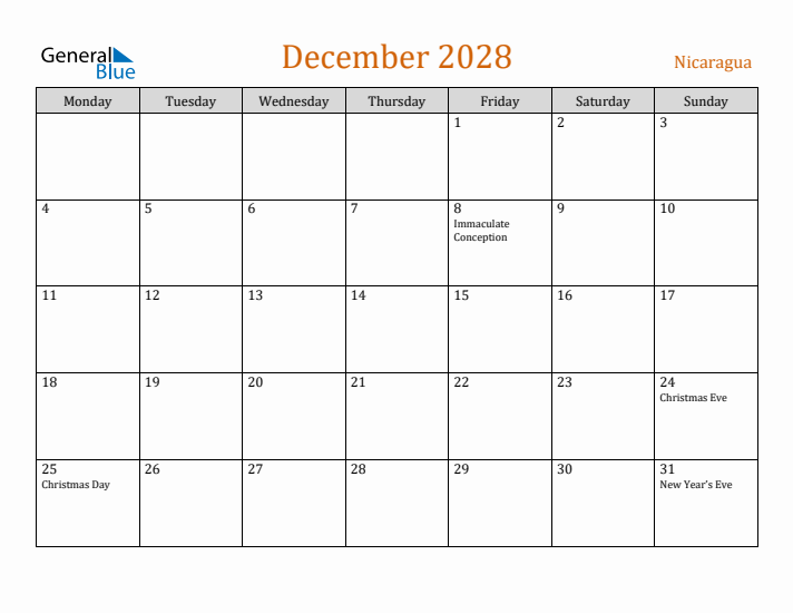 December 2028 Holiday Calendar with Monday Start