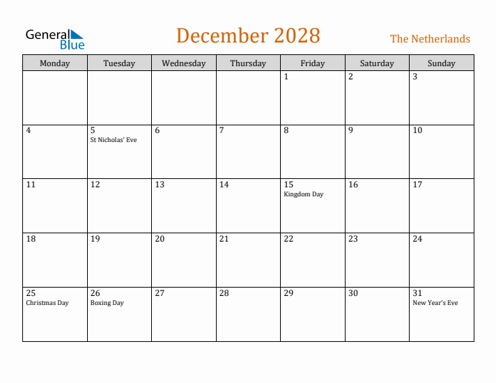 December 2028 Holiday Calendar with Monday Start