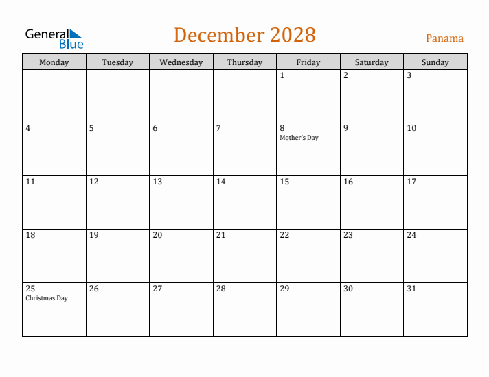 December 2028 Holiday Calendar with Monday Start