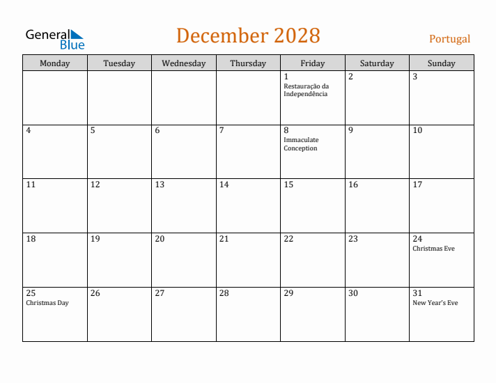 December 2028 Holiday Calendar with Monday Start