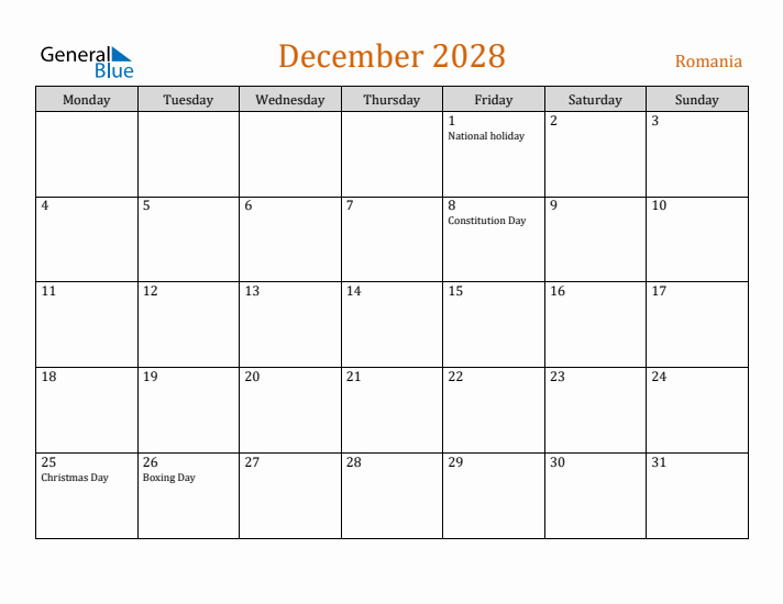 December 2028 Holiday Calendar with Monday Start