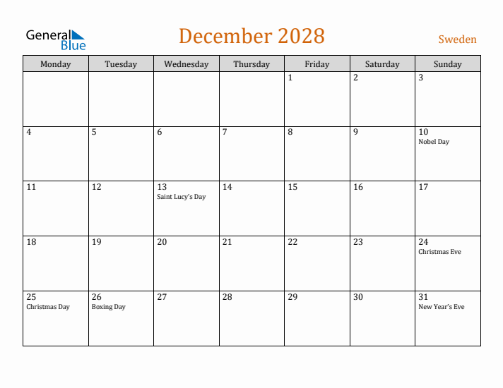 December 2028 Holiday Calendar with Monday Start