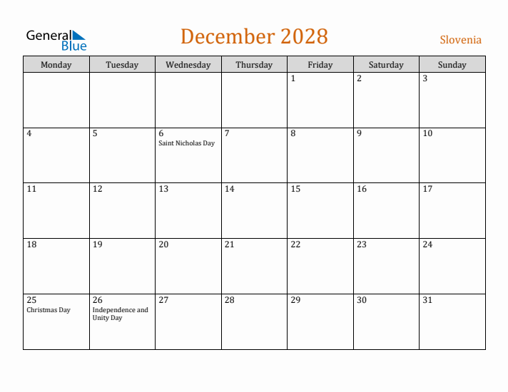 December 2028 Holiday Calendar with Monday Start