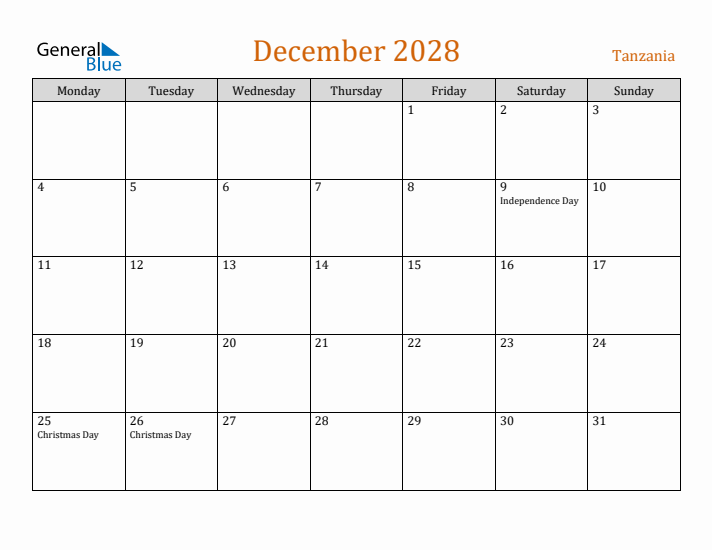 December 2028 Holiday Calendar with Monday Start