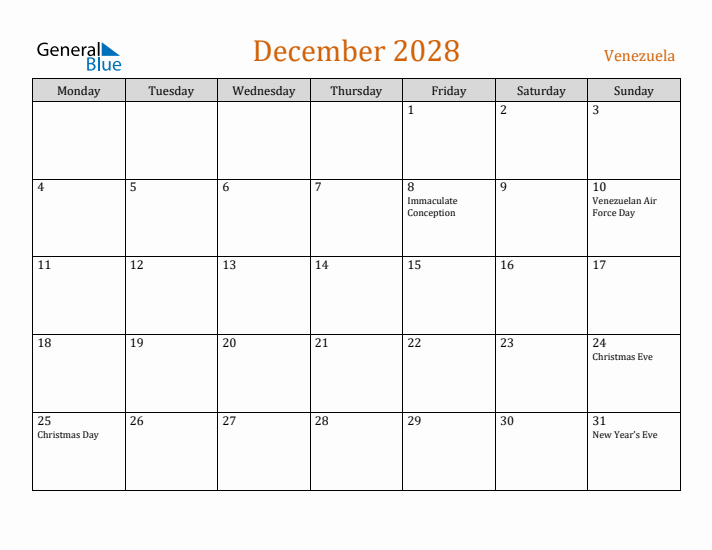 December 2028 Holiday Calendar with Monday Start