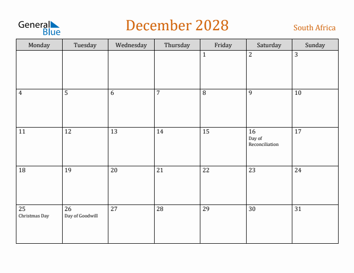 December 2028 Holiday Calendar with Monday Start