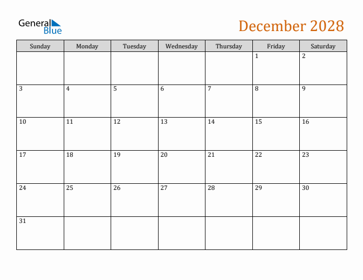 Editable December 2028 Calendar