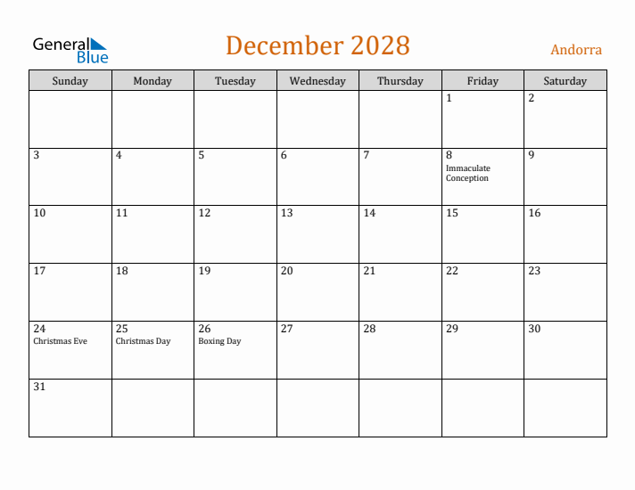 December 2028 Holiday Calendar with Sunday Start