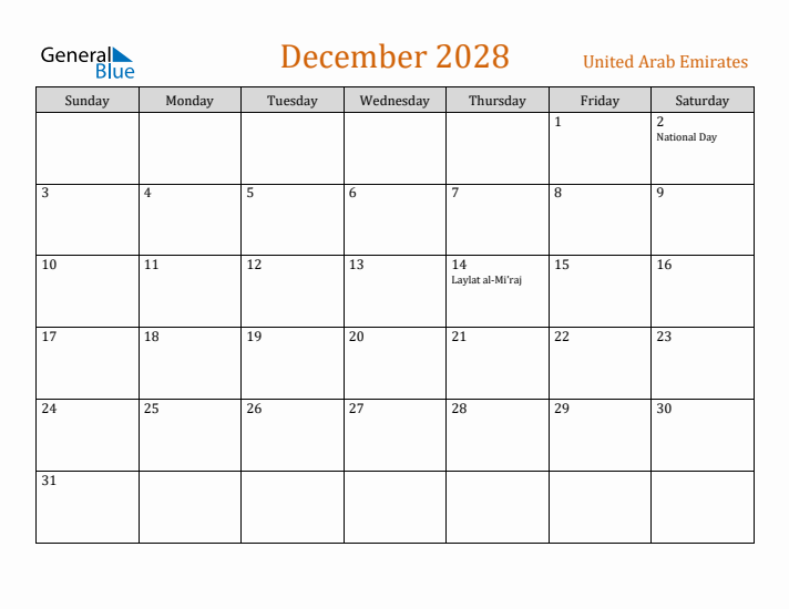 December 2028 Holiday Calendar with Sunday Start