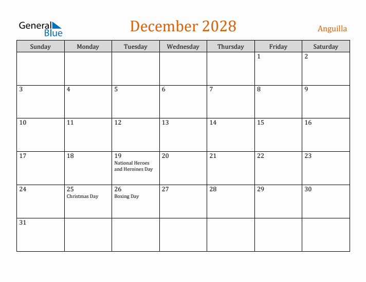 December 2028 Holiday Calendar with Sunday Start