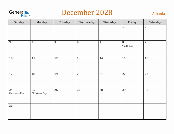 December 2028 Holiday Calendar with Sunday Start