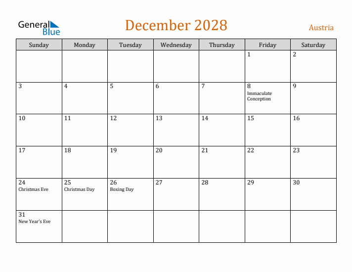 December 2028 Holiday Calendar with Sunday Start