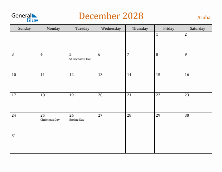 December 2028 Holiday Calendar with Sunday Start