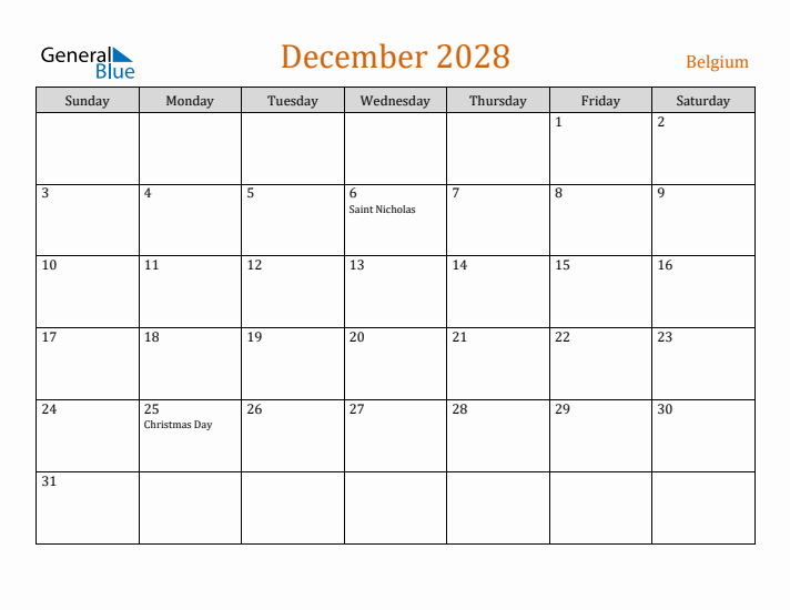 December 2028 Holiday Calendar with Sunday Start