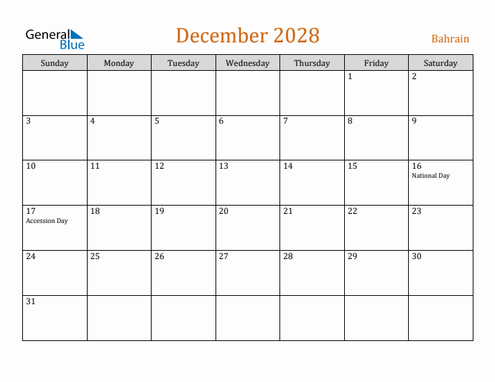 December 2028 Holiday Calendar with Sunday Start