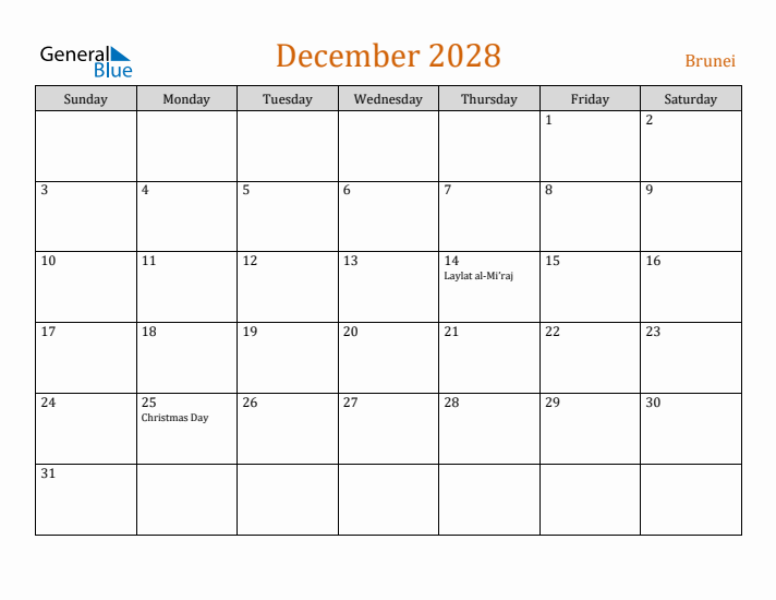 December 2028 Holiday Calendar with Sunday Start