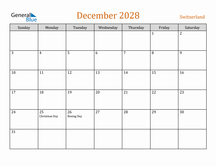 December 2028 Holiday Calendar with Sunday Start