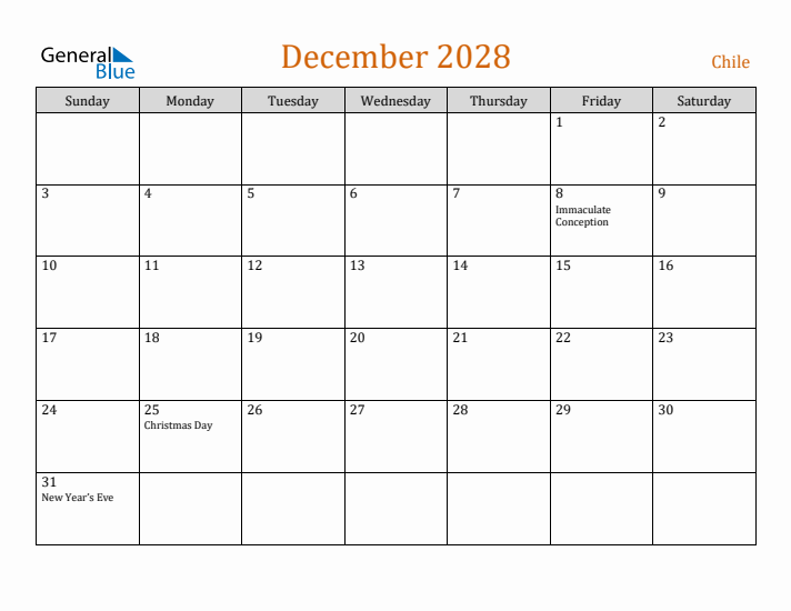 December 2028 Holiday Calendar with Sunday Start