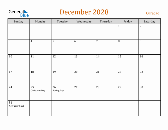 December 2028 Holiday Calendar with Sunday Start