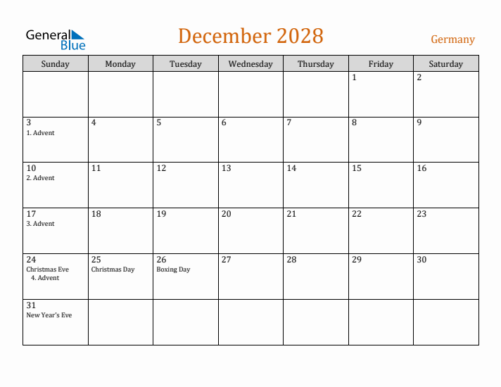 December 2028 Holiday Calendar with Sunday Start