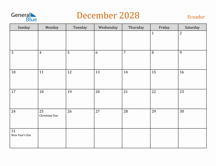 December 2028 Holiday Calendar with Sunday Start