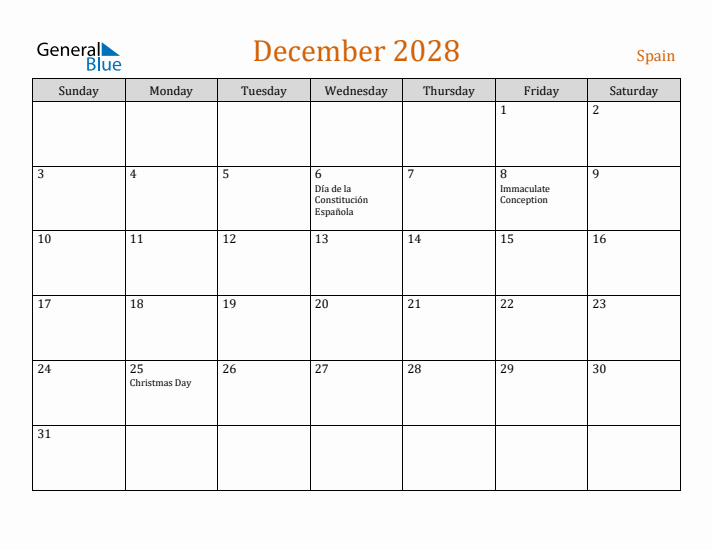 December 2028 Holiday Calendar with Sunday Start