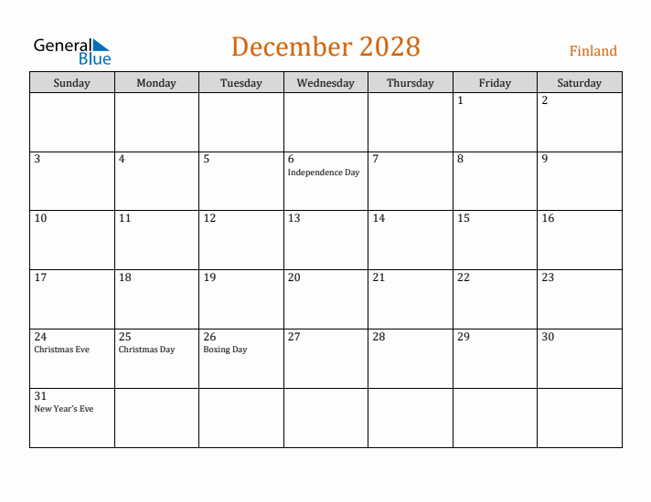 December 2028 Holiday Calendar with Sunday Start