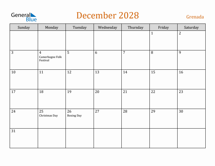 December 2028 Holiday Calendar with Sunday Start