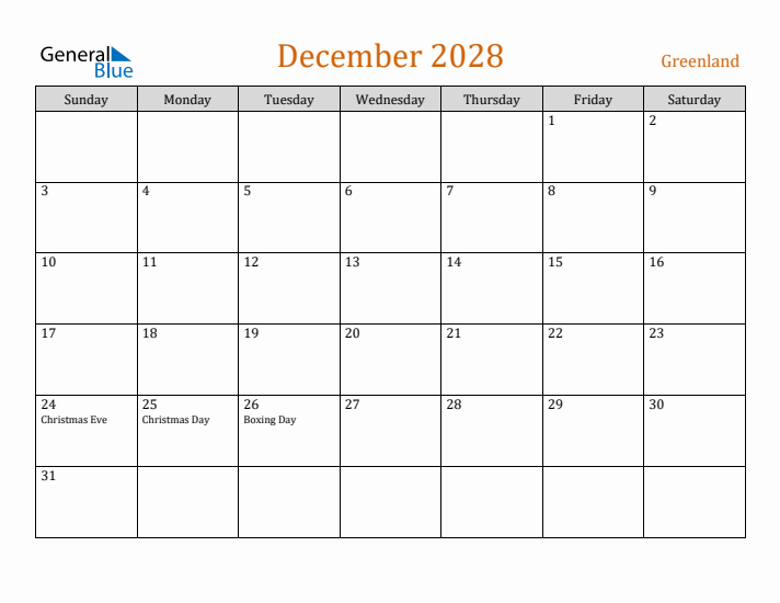 December 2028 Holiday Calendar with Sunday Start