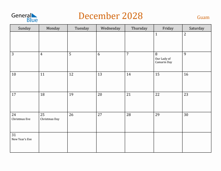 December 2028 Holiday Calendar with Sunday Start