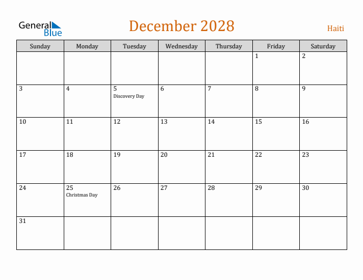 December 2028 Holiday Calendar with Sunday Start