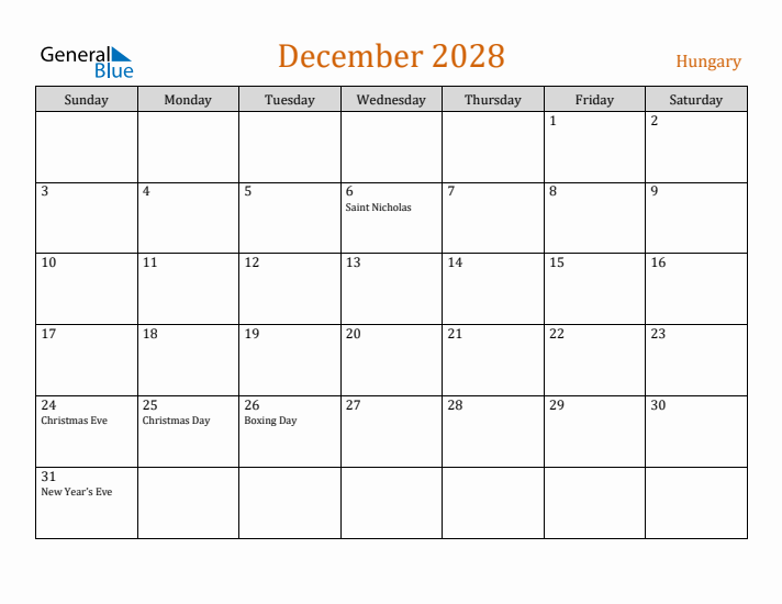 December 2028 Holiday Calendar with Sunday Start