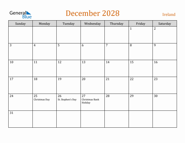 December 2028 Holiday Calendar with Sunday Start