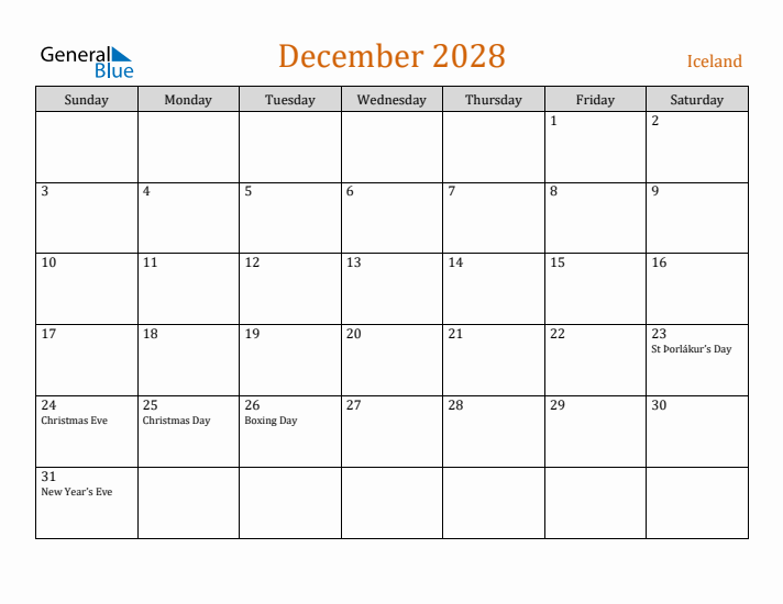 December 2028 Holiday Calendar with Sunday Start