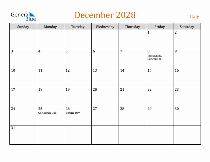 December 2028 Holiday Calendar with Sunday Start