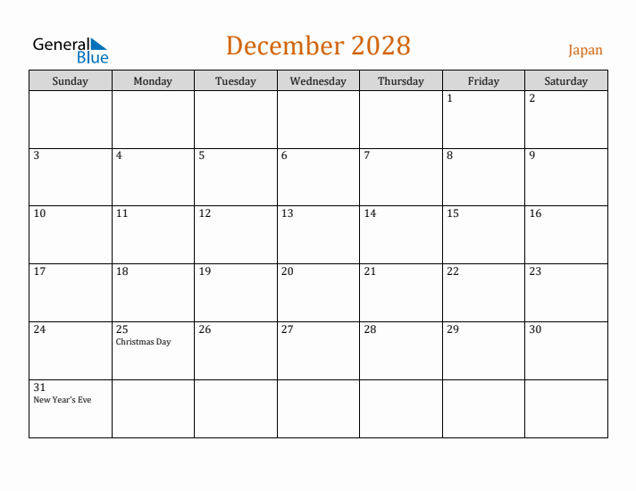 December 2028 Holiday Calendar with Sunday Start