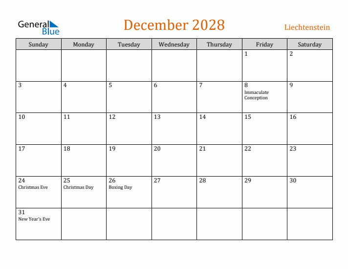 December 2028 Holiday Calendar with Sunday Start