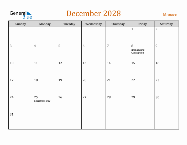 December 2028 Holiday Calendar with Sunday Start