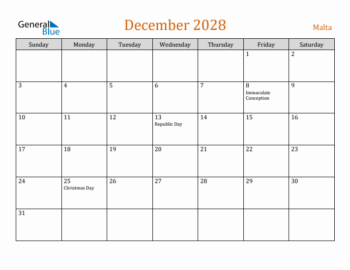 December 2028 Holiday Calendar with Sunday Start