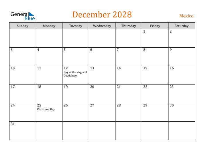 December 2028 Holiday Calendar with Sunday Start