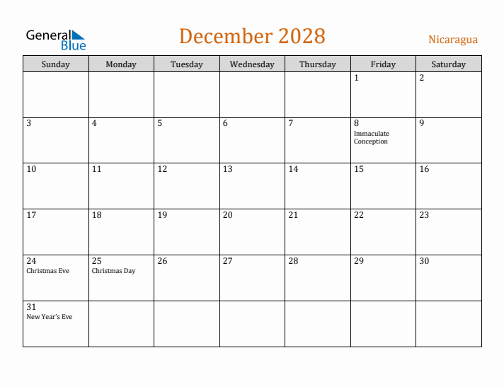 December 2028 Holiday Calendar with Sunday Start