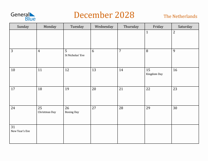 December 2028 Holiday Calendar with Sunday Start