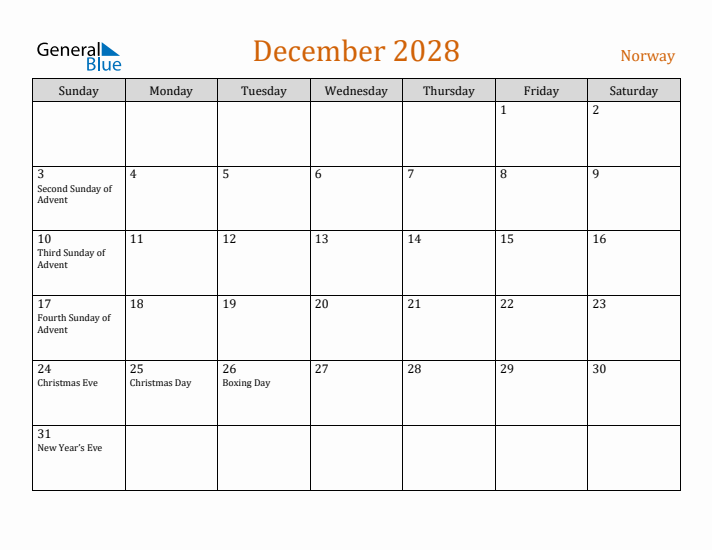 December 2028 Holiday Calendar with Sunday Start