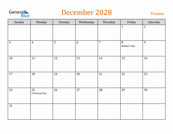 December 2028 Holiday Calendar with Sunday Start