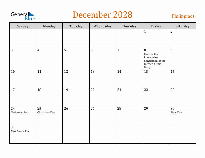 December 2028 Holiday Calendar with Sunday Start