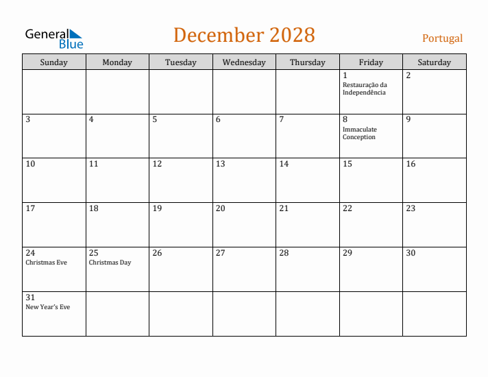 December 2028 Holiday Calendar with Sunday Start