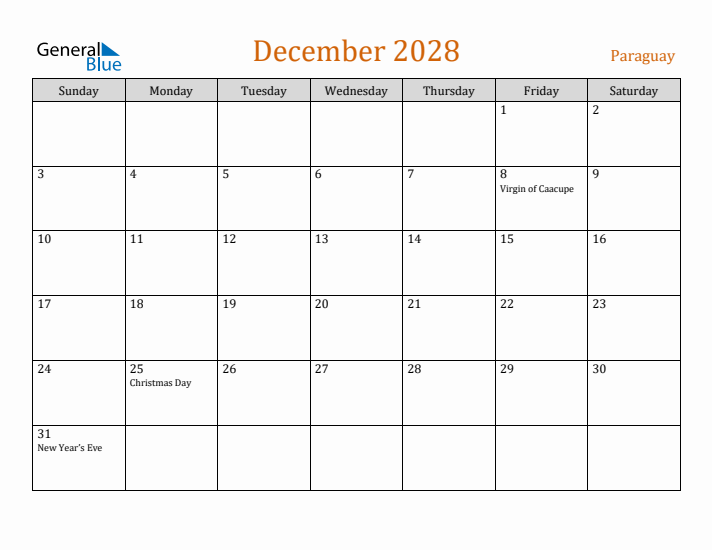 December 2028 Holiday Calendar with Sunday Start