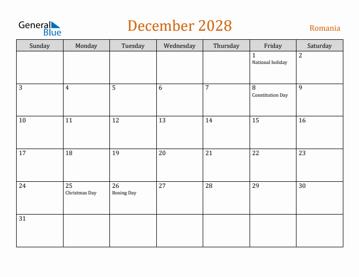 December 2028 Holiday Calendar with Sunday Start