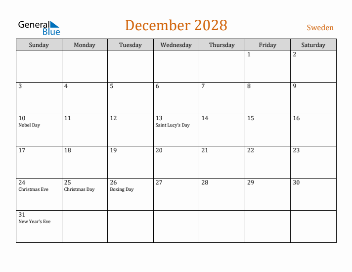 December 2028 Holiday Calendar with Sunday Start